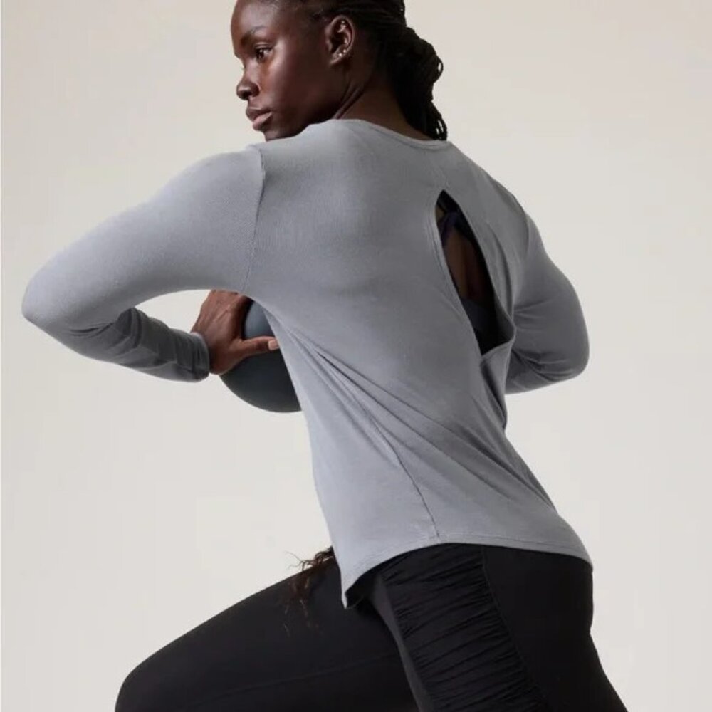 Athleta Grey Micro Rib Eyelet Back Long Sleeve Top
